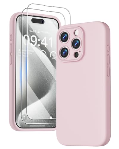 GOODVISH 3 in 1 für iPhone 15 Pro Hülle Liquid Silikon, mit 2 X Schutzfolie [Upgraded Kameraschutz] Soft Mikrofaserfutter Handyhülle Kratzfest stoßfeste Schutz Case für iPhone 15 Pro 6.1", Sand Rosa von GOODVISH