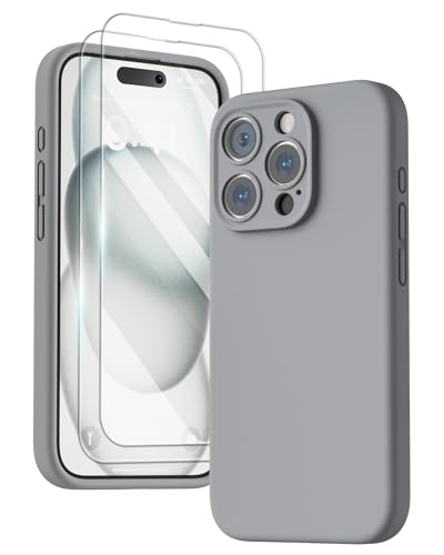 GOODVISH 3 in 1 für iPhone 15 Pro Hülle Silikon, mit 2 Stück Schutzfolie - Stoßfester Kratzfestem Handyhülle [Kameraschutz] [360°-Schutz] Kompatibel mit iPhone 15 Pro 6.1”, Grau von GOODVISH