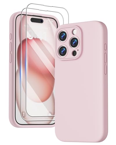 GOODVISH 3 in 1 für iPhone 15 Pro Hülle Silikon, mit 2 Stück Schutzfolie - Stoßfester Kratzfestem Handyhülle [Kameraschutz] [360°-Schutz] Kompatibel mit iPhone 15 Pro 6.1”, Sand Rosa von GOODVISH