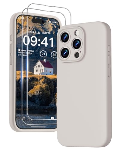 GOODVISH [3 in 1 für iPhone 15 Pro Max Hülle Silikon, mit 2 Schutzfolie [Upgraded Kameraschutz] Soft Mikrofaserfutter Handyhülle Kratzfest stoßfeste Schutz Case für iPhone 15 Pro Max 6.7", StoneGrey von GOODVISH