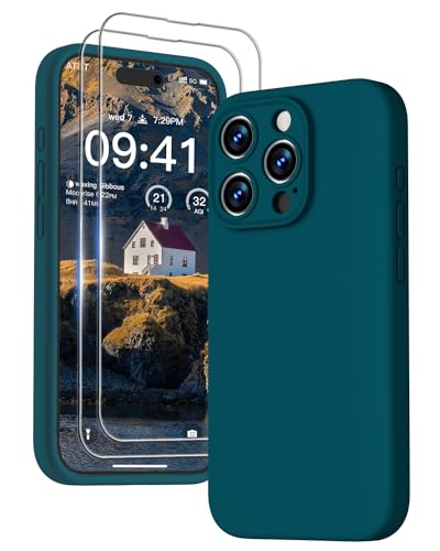 GOODVISH [3 in 1 für iPhone 15 Pro Max Hülle Silikon, mit 2 Schutzfolie [Upgraded Kameraschutz] Soft Mikrofaserfutter Handyhülle Kratzfest stoßfeste Schutz Case für iPhone 15 Pro Max 6.7", Dunkelgrün von GOODVISH