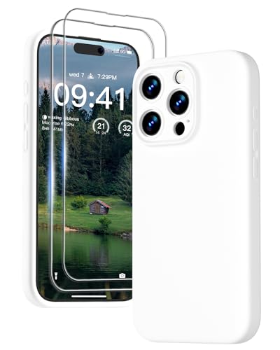 GOODVISH [3 in 1 für iPhone 15 Pro Max Hülle Silikon, mit 2 Schutzfolie [Upgraded Kameraschutz] Soft Mikrofaserfutter Handyhülle Kratzfest stoßfeste Schutz Case für iPhone 15 Pro Max 6.7", Weiß von GOODVISH