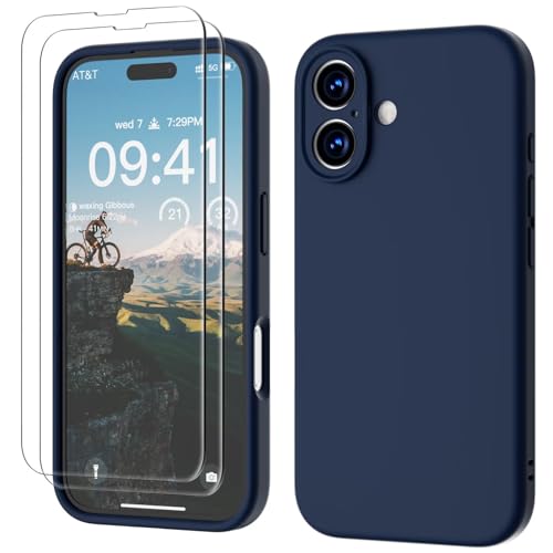 GOODVISH 3 in 1 für iPhone 16 Hülle, mit 2 Stück Schutzfolie Liquid Silikon Hülle [Upgraded Kameraschutz] Soft Mikrofaserfutter Handyhülle Kratzfest stoßfeste Schutz Case für iPhone 16 6.1", Navyblau von GOODVISH