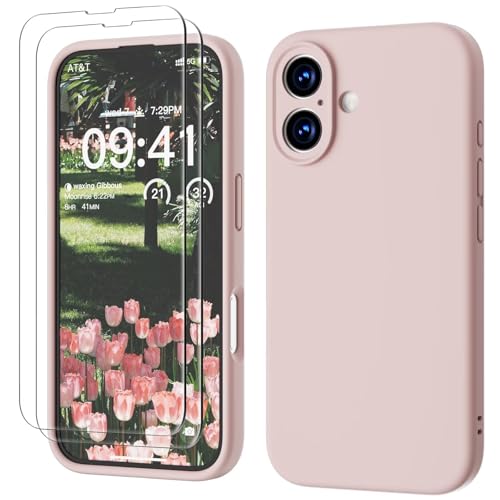 GOODVISH 3 in 1 für iPhone 16 Hülle, mit 2 Stück Schutzfolie Liquid Silikon Hülle [Upgraded Kameraschutz] Soft Mikrofaserfutter Handyhülle Kratzfest stoßfeste Schutz Case für iPhone 16 6.1",Sand Rosa von GOODVISH