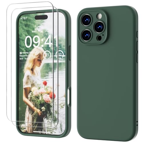 GOODVISH 3 in 1 für iPhone 16 Pro Hülle mit 2 Stück Schutzfolie, Liquid Silikon Handyhülle [Upgraded Kameraschutz] Soft Mikrofaserfutter Kratzfest stoßfeste Schutz Case für iPhone 16 Pro 6.3", Grün von GOODVISH