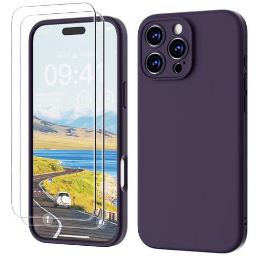 GOODVISH 3 in 1 für iPhone 16 Pro Max Hülle Liquid Silikon,mit 2x Schutzfolie [Upgraded Kameraschutz] Soft Mikrofaserfutter Handyhülle iPhone 16 Pro Max Kratzfest stoßfeste Schutz Case, Beeren violett von GOODVISH