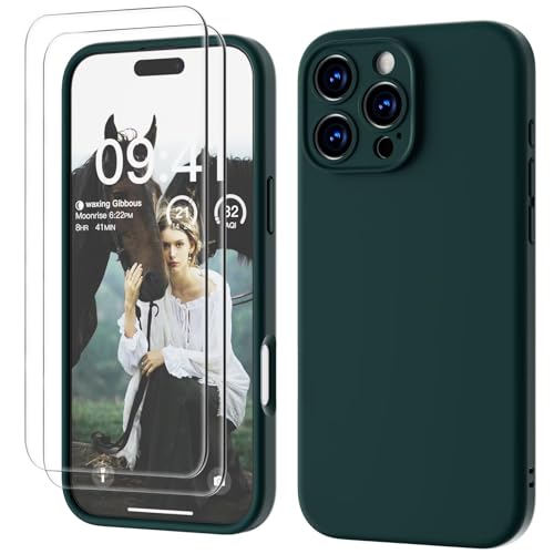 GOODVISH 3 in 1 für iPhone 16 Pro Max Hülle Liquid Silikon,mit 2X Schutzfolie [Upgraded Kameraschutz] Soft Mikrofaserfutter Handyhülle iPhone 16 Pro Max Kratzfest stoßfeste Schutz Case, DunkelGrün von GOODVISH