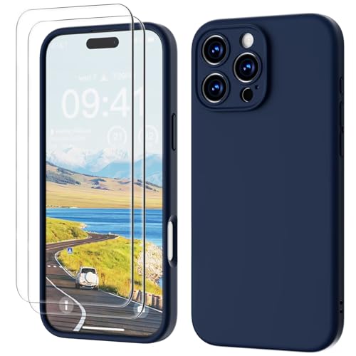 GOODVISH 3 in 1 für iPhone 16 Pro Max Hülle Liquid Silikon,mit 2X Schutzfolie [Upgraded Kameraschutz] Soft Mikrofaserfutter Handyhülle iPhone 16 Pro Max Kratzfest stoßfeste Schutz Case, Navyblau von GOODVISH