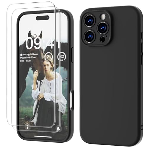 GOODVISH 3 in 1 für iPhone 16 Pro Max Hülle Liquid Silikon,mit 2X Schutzfolie [Upgraded Kameraschutz] Soft Mikrofaserfutter Handyhülle iPhone 16 Pro Max Kratzfest stoßfeste Schutz Case, Schwarz von GOODVISH
