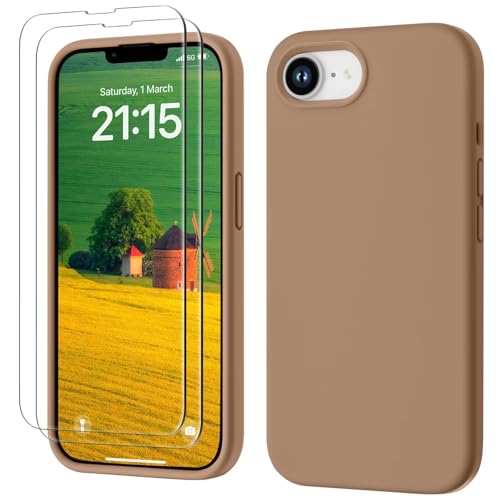 GOODVISH 3 in 1 für iPhone 16e Hülle mit 2 Stück Schutzfolie, Liquid Silikon Handyhülle Soft Mikrofaserfutter Kratzfest Stoßfeste Schutzhülle Case für iPhone 16e 6.1 Zoll, Braun von GOODVISH