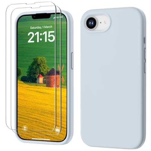 GOODVISH 3 in 1 für iPhone 16e Hülle mit 2 Stück Schutzfolie, Liquid Silikon Handyhülle Soft Mikrofaserfutter Kratzfest Stoßfeste Schutzhülle Case für iPhone 16e 6.1 Zoll, Himmelblau von GOODVISH