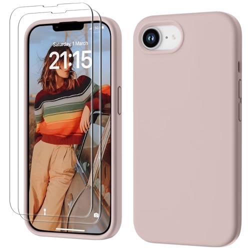 GOODVISH 3 in 1 für iPhone 16e Hülle mit 2 Stück Schutzfolie, Liquid Silikon Handyhülle Soft Mikrofaserfutter Kratzfest Stoßfeste Schutzhülle Case für iPhone 16e 6.1 Zoll, Sand Rosa von GOODVISH