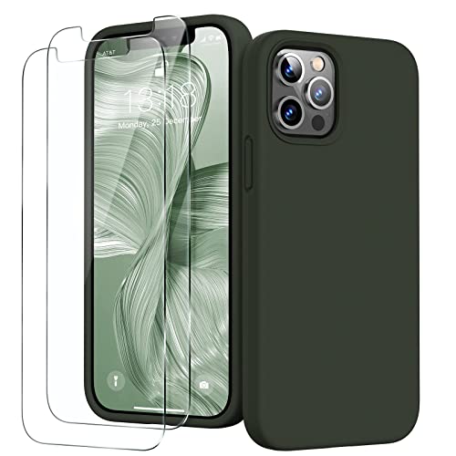 GOODVISH 3 in 1 iPhone 12 Hülle & iPhone 12 Pro Hülle mit 2 Stück Schutzfolie - Liquid Silikon Rundumschutz Handyhülle, mit Weichem Mikrofaser-Innenfutter Stoßfestes Schutzhülle, Armeegrün von GOODVISH