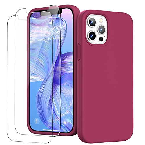 GOODVISH 3 in 1 iPhone 12 Hülle & iPhone 12 Pro Hülle mit 2 Stück Schutzfolie - Liquid Silikon Rundumschutz Handyhülle, mit Weichem Mikrofaser-Innenfutter Stoßfestes Schutzhülle, RosaRot von GOODVISH