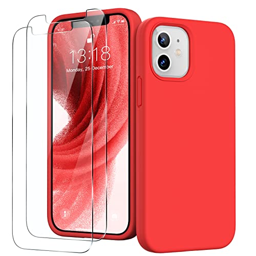 GOODVISH 3 in 1 iPhone 12 Mini Hülle mit 2 Stück Schutzfolie - Hochwertiges Liquid Silikon Rundumschutz Handyhülle, mit Weichem Mikrofaser-Innenfutter Stoßfestes Schutzhülle, Rot von GOODVISH