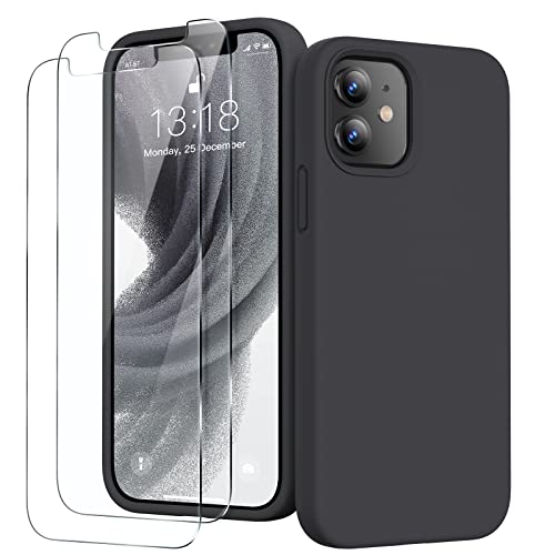 GOODVISH 3 in 1 für iPhone 12 Mini Hülle mit 2 Stück Schutzfolie, HochwertigesLiquid Silikon Rundumschutz Handyhülle, mit Weichem Mikrofaser Innenfutter Stoßfestes Schutzhülle, Schwarz von GOODVISH