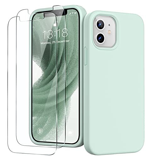 GOODVISH 3 in 1 iPhone 12 Mini Hülle mit 2 Stück Schutzfolie - Liquid Silikon Rundumschutz Handyhülle, mit Weichem Mikrofaser-Innenfutter Stoßfestes Schutzhülle, Beryll von GOODVISH