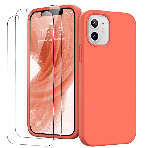 GOODVISH 3 in 1 iPhone 12 Mini Hülle mit 2 Stück Schutzfolie - Liquid Silikon Rundumschutz Handyhülle, mit Weichem Mikrofaser-Innenfutter Stoßfestes Schutzhülle, Orange von GOODVISH