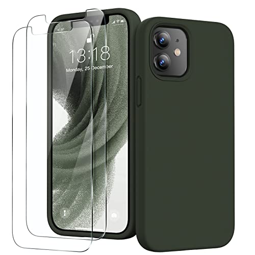 GOODVISH 3 in 1 iPhone 12 Mini Hüllemit 2 Stück Schutzfolie - Liquid Silikon Rundumschutz Handyhülle, mit Weichem Mikrofaser-Innenfutter Stoßfestes Schutzhülle, Armeegrün von GOODVISH