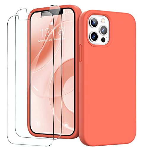 GOODVISH 3 in 1 iPhone 12 Pro Max Hülle mit 2 Stück Schutzfolie - Liquid Silikon Rundumschutz Handyhülle, mit Weichem Mikrofaser-Innenfutter Stoßfestes Schutzhülle, Orange von GOODVISH