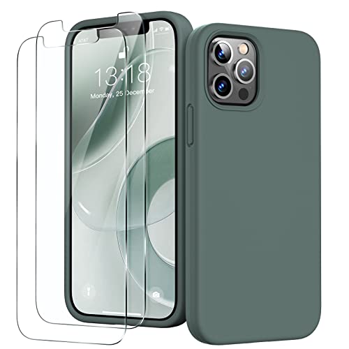 GOODVISH 3 in 1 für iPhone 12 Pro Max Hülle mit 2 Stück Schutzfolie, Liquid Silikon Rundumschutz Handyhülle, mit Weichem Mikrofaser Innenfutter Stoßfestes Schutzhülle, Piniengrün von GOODVISH
