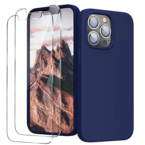 GOODVISH 3 in 1 iPhone 13 Pro Max Silikon Hülle 6.7“ mit 2 Stück Schutzfolie, Hochwertiges Liquid Silikon Weichem Mikrofaser-Innerer und äußerer Schutz Handyhülle Stoßfestes Schutzhülle-Navy Blau von GOODVISH