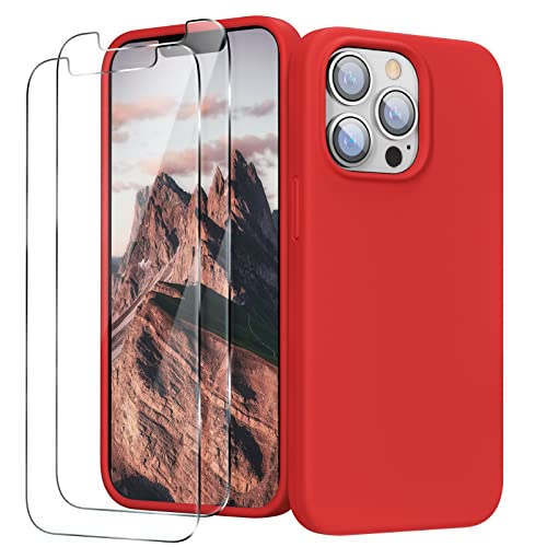 GOODVISH 3 in 1 für iPhone 13 Pro Max Silikon Hülle 6.7" mit 2 Stück Schutzfolie, Hochwertiges Liquid Silikon Weichem Mikrofaser Innerer und äußerer Schutz Handyhülle Stoßfestes Schutzhülle, Rot von GOODVISH