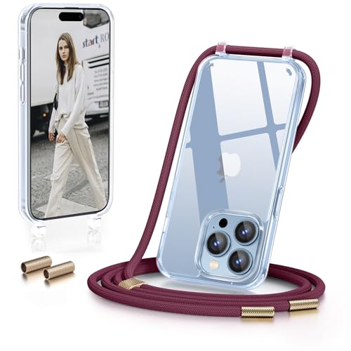 GOODVISH Handykette für iPhone 15 Pro Max Hülle mit Band 6,7 Zoll, Transparent Necklace Handyhülle für Phone 15 Pro Max mit Kette, Stossfest Schutzhülle, Abnehmbar Umhänge Stylische case, Weinrot von GOODVISH