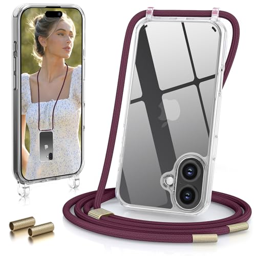 GOODVISH Handykette für iPhone 16 Hülle mit Band (6.1") | Kameraschutz und Bildschirmschutz | | Necklace Handyhülle mit Schnur Schutzhülle für zum Umhängen | Transparent Case mit Kordel,Weinrot von GOODVISH