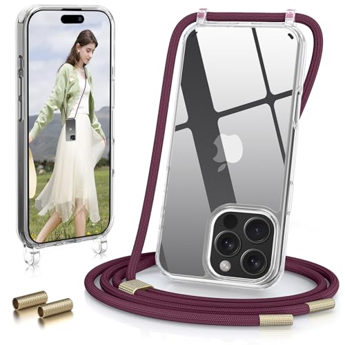 GOODVISH Handykette für iPhone 16 Pro Max Hülle mit Band 6,9 Zoll, Transparent Necklace Handyhülle 16 Pro Max mit Kette, Stossfest Schutzhülle, [Abnehmbar Umhänge] Stylische case, Weinrot von GOODVISH
