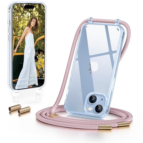 GOODVISH Handykette für iPhone 15 Hülle mit Band | Kameraschutz und Bildschirmschutz | | Necklace Handyhülle mit Schnur Schutzhülle für zum Umhängen | Transparent Case mit Kordel, Rosé Gold von GOODVISH