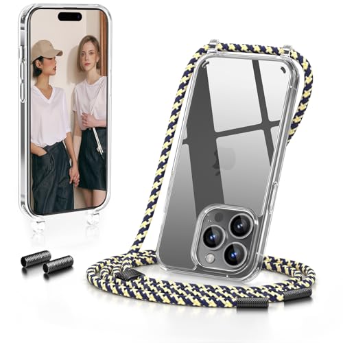 GOODVISH Handykette für iPhone 15 Pro Hülle mit Band | Kameraschutz und Bildschirmschutz | | Necklace Handyhülle mit Schnur Schutzhülle für zum Umhängen | Transparent Case mit Kordel, Beigeblau von GOODVISH