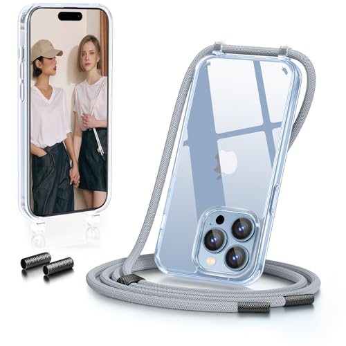 GOODVISH Handykette für iPhone 15 Pro Hülle mit Band | Kameraschutz und Bildschirmschutz | |Necklace Handyhülle mit Schnur Schutzhülle für zum Umhängen |Transparent Case mit Kordel, Silber von GOODVISH