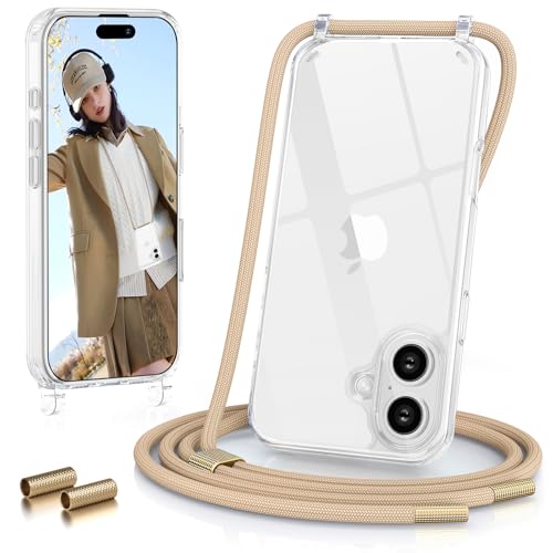 GOODVISH Handykette für iPhone 16 Plus Hülle mit Band 6,7 Zoll, Transparent Necklace Handyhülle 16 Plus mit Kette, Stossfest Schutzhülle, [Abnehmbar Umhänge] Stylische case, Helbraun von GOODVISH
