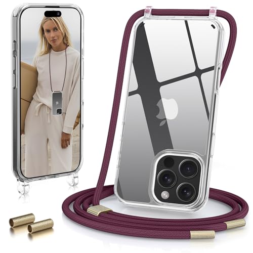 GOODVISH Handykette für iPhone 16 Pro Hülle mit Band (6.3") | Kameraschutz und Bildschirmschutz | | Necklace Handyhülle mit Schnur Schutzhülle für zum Umhängen | Transparent Case mit Kordel, Weinrot von GOODVISH