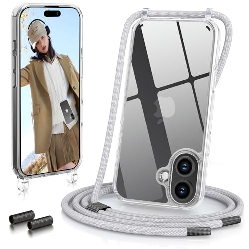 GOODVISH Handykette für iPhone 16 Plus Hülle mit Band 6,7 Zoll, Transparent Necklace Handyhülle 16 Plus mit Kette, Stossfest Schutzhülle, [Abnehmbar Umhänge] Stylische case, Silber von GOODVISH