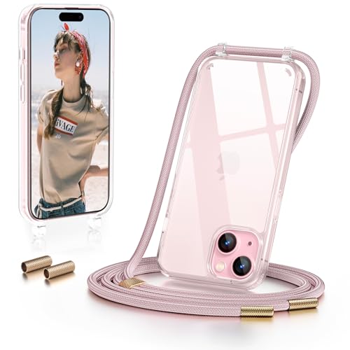 GOODVISH Handykette für iPhone 15 Plus Hülle mit Band 6,7 Zoll, Transparent Necklace Handyhülle mit Kette, Stossfest Schutzhülle [Abnehmbar Umhänge] Stylische iPhone 15 Plus case, Rosé Gold von GOODVISH
