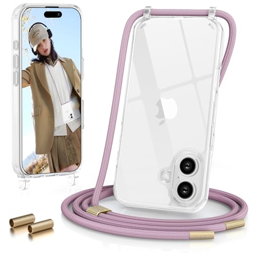GOODVISH Handykette für iPhone 16 Plus Hülle mit Band 6,7 Zoll, Transparent Necklace Handyhülle 16 Plus mit Kette, Stossfest Schutzhülle, [Abnehmbar Umhänge] Stylische case, Pink Lila von GOODVISH