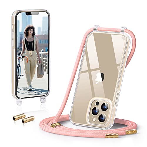 GOODVISH Handykette Kompatibel mit Apple iPhone 13 Pro 6,1" Display, Necklace Hülle mit Band Handyhülle für zum Umhängen, Transparent Case mit Schnur Kameraschutz und Bildschirmschutz, Rosa von GOODVISH