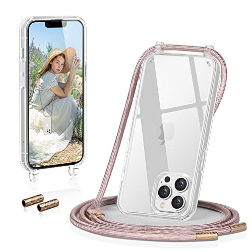 GOODVISH Handykette kompatibel mit Apple iPhone 13 Pro Max-6,7" Display | Necklace Hülle mit Band Handyhülle für zum Umhängen |Transparent Case mit Schnur |Kameraschutz und Bildschirmschutz |Rosé Gold von GOODVISH