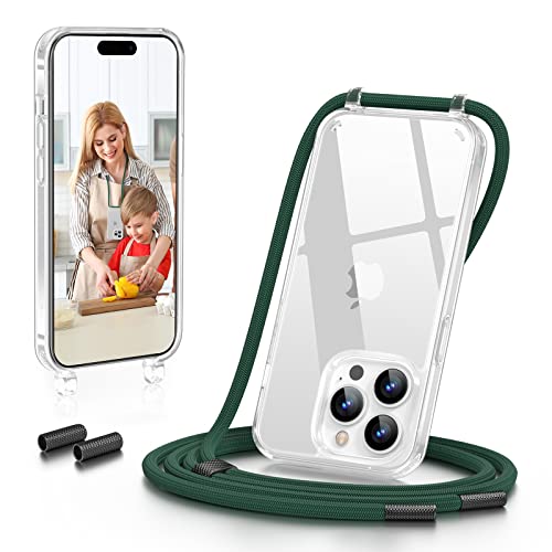 GOODVISH Handykette kompatibel mit Apple iPhone 14 Pro-6,1" Display | Necklace Hülle mit Band Handyhülle für zum Umhängen | Transparent Case mit Schnur | Kameraschutz und Bildschirmschutz |-Dunkelgrün von GOODVISH