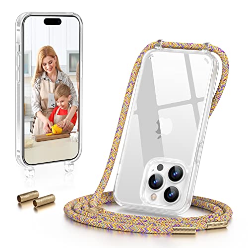 GOODVISH Handykette kompatibel mit Apple iPhone 14 Pro-6,1" Display | Necklace Hülle mit Band Handyhülle für zum Umhängen | Transparent Case mit Schnur | Kameraschutz und Bildschirmschutz | -Rainbow von GOODVISH