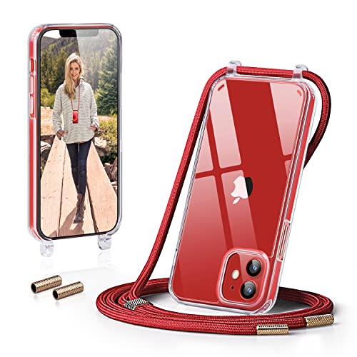 GOODVISH Handykette kompatibel mit iPhone 12/iPhone 12 Pro-6,1" Display | Necklace Hülle mit Band Handyhülle für zum Umhängen | Transparent Case mit Schnur | Schutzhülle mit Kordel-Rot von GOODVISH