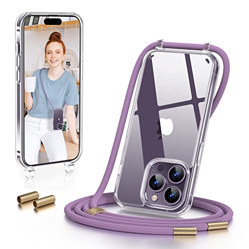 GOODVISH Handykette Kompatibel mit iPhone 14 Pro Max 6,7 Zoll, Necklace Hülle mit Band Handyhülle für zum Umhängen, Transparent Case mit Schnur, Kameraschutz und Bildschirmschutz, Pink Lila von GOODVISH
