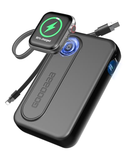 GOODaaa Wireless Watch Power Bank 10000mAh mit Zwei integrierten Kabeln 22.5W schnelles Aufladen tragbares Ladegerät externer Handy Akku mit LED-Anzeige Kompatibel für Apple Watch und Smartphones von GOODaaa