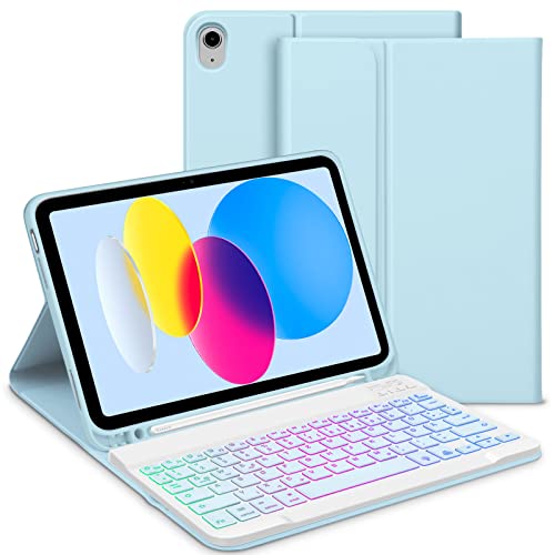 GOOJODOQ Beleuchtete Tastatur Hülle Kompatibel mit iPad 10.Generation 2022, QWERTZ Layout Magnetisch Abnehmbarer Beleuchtete Tastatur mit Hülle für iPad 10. Gen 10,9 Zoll 2022, Blau von GOOJODOQ