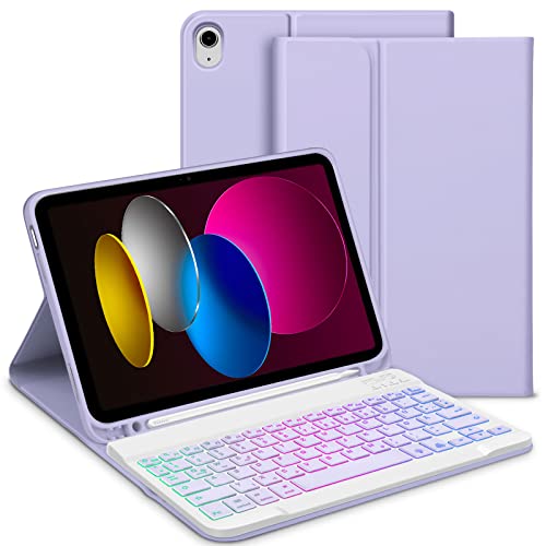 GOOJODOQ Beleuchtete Tastatur Hülle Kompatibel mit iPad 10.Generation 2022, QWERTZ Layout Magnetisch Abnehmbarer Beleuchtete Tastatur mit Hülle für iPad 10. Gen 10,9 Zoll 2022, Lila von GOOJODOQ