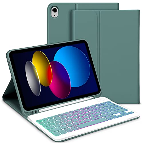 GOOJODOQ Beleuchtete Tastatur Hülle Kompatibel mit iPad 10.Generation 2022, QWERTZ Layout Magnetisch Abnehmbarer Beleuchtete Tastatur mit Hülle für iPad 10. Gen 10,9 Zoll 2022, Türkisgrün von GOOJODOQ