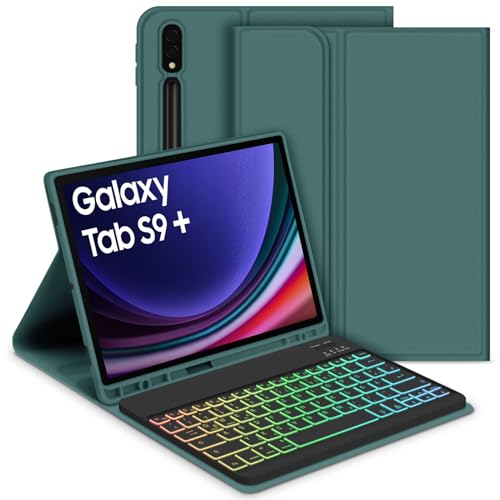 GOOJODOQ Beleuchtete Tastatur Hülle für Samsung Galaxy Tab S9+/S9 Plus 12,4" 2023, QWERTZ Abnehmbarer Beleuchtete Tastatur mit Hülle für Galaxy Tab S9+ 12,4 Zoll 2023 (SM-X810/X816/X818), Dunkelgrün von GOOJODOQ