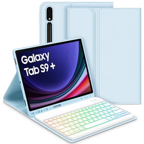 GOOJODOQ Beleuchtete Tastatur Hülle für Samsung Galaxy Tab S9+/S9 Plus 12,4" 2023, QWERTZ Abnehmbarer Beleuchtete Tastatur mit Hülle für Galaxy Tab S9+ 12,4 Zoll 2023 (SM-X810/X816/X818), Blau von GOOJODOQ